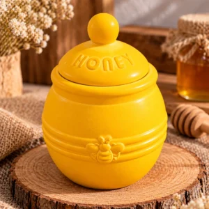 Декоративно керамично бурканче за мед „Honey“ с капак и пчеличка